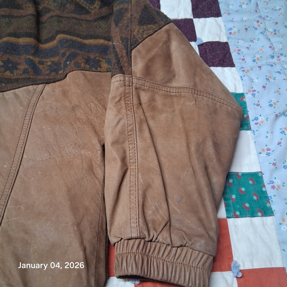 Vintage Winlit Leather & Wool Aztec Southwest Jacket Split Hood Parka Sz Small - Picture 7 of 16